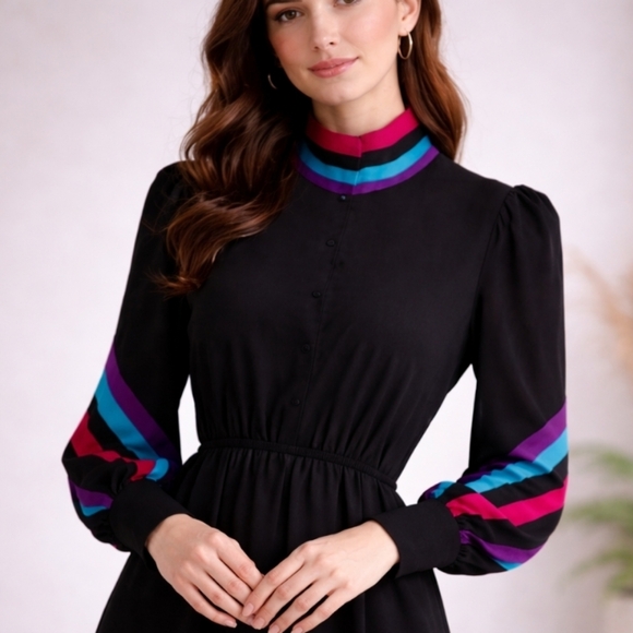 Benee | Vintage Black Semi-Sheer Midi Dress | Red & Turquoise Accent Collar - Picture 12 of 12